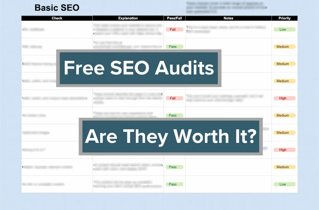 Example of free SEO audit in the background with blurred content, and Free SEO Audits Are They Worth It? text overlay.